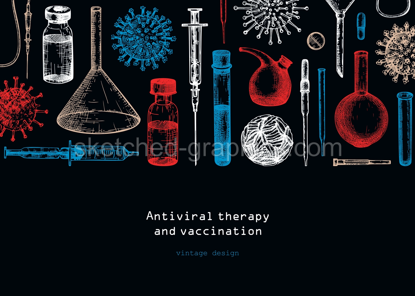 Antiviral therapy and vaccination backgroundt. Hand drawn vector illustrations. Vaccine in bottles, laboratory equipment, different virus sketches. Medical banner design template. Covid-19 drawing  Illustration